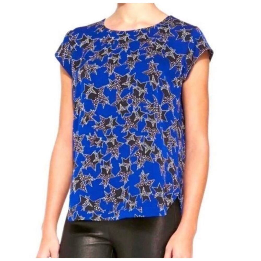 Diane Von Furstenberg Cap Sleeve Star Silk Blouse Blue Black 4